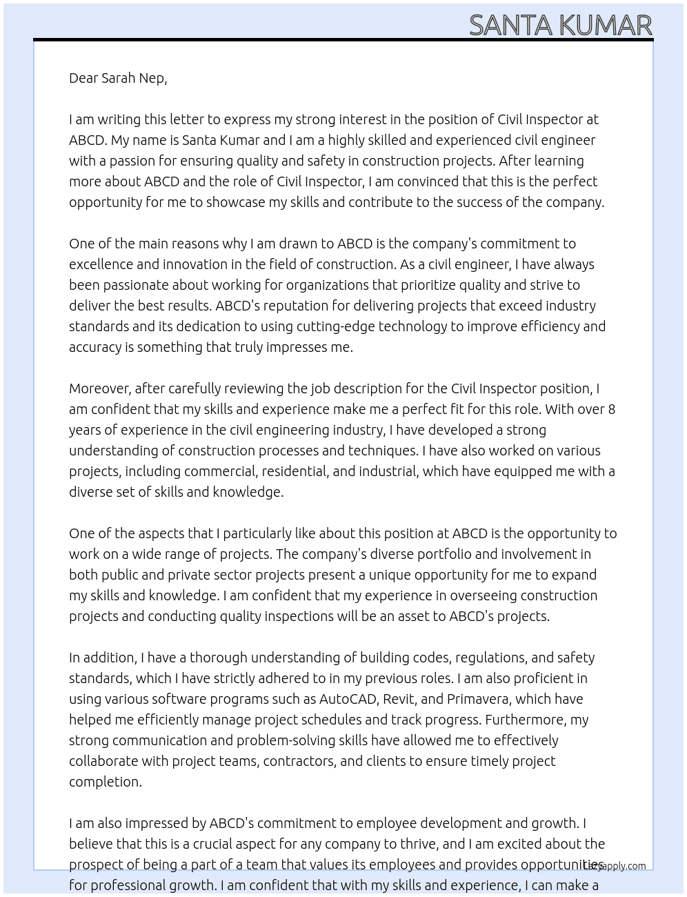 Civil Inspector At ABCD Cover Letter