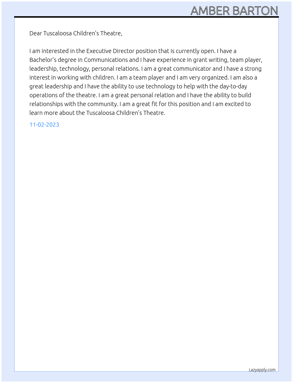 Executive Director  At Tuscaloosa Children’s Theatre Cover Letter