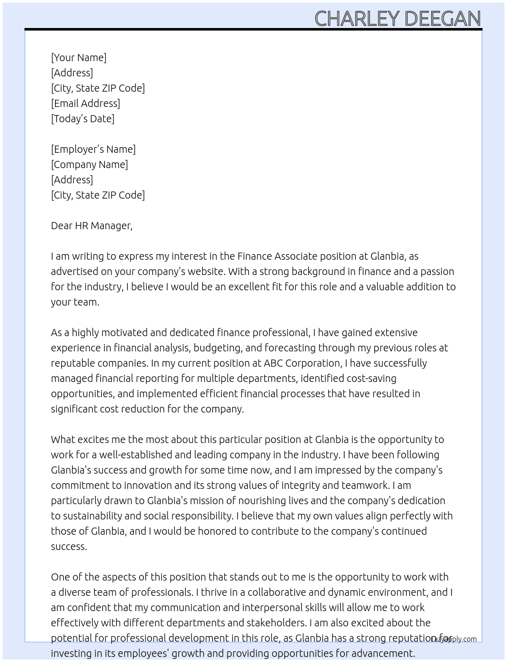 Finance associate At Glanbia Cover Letter