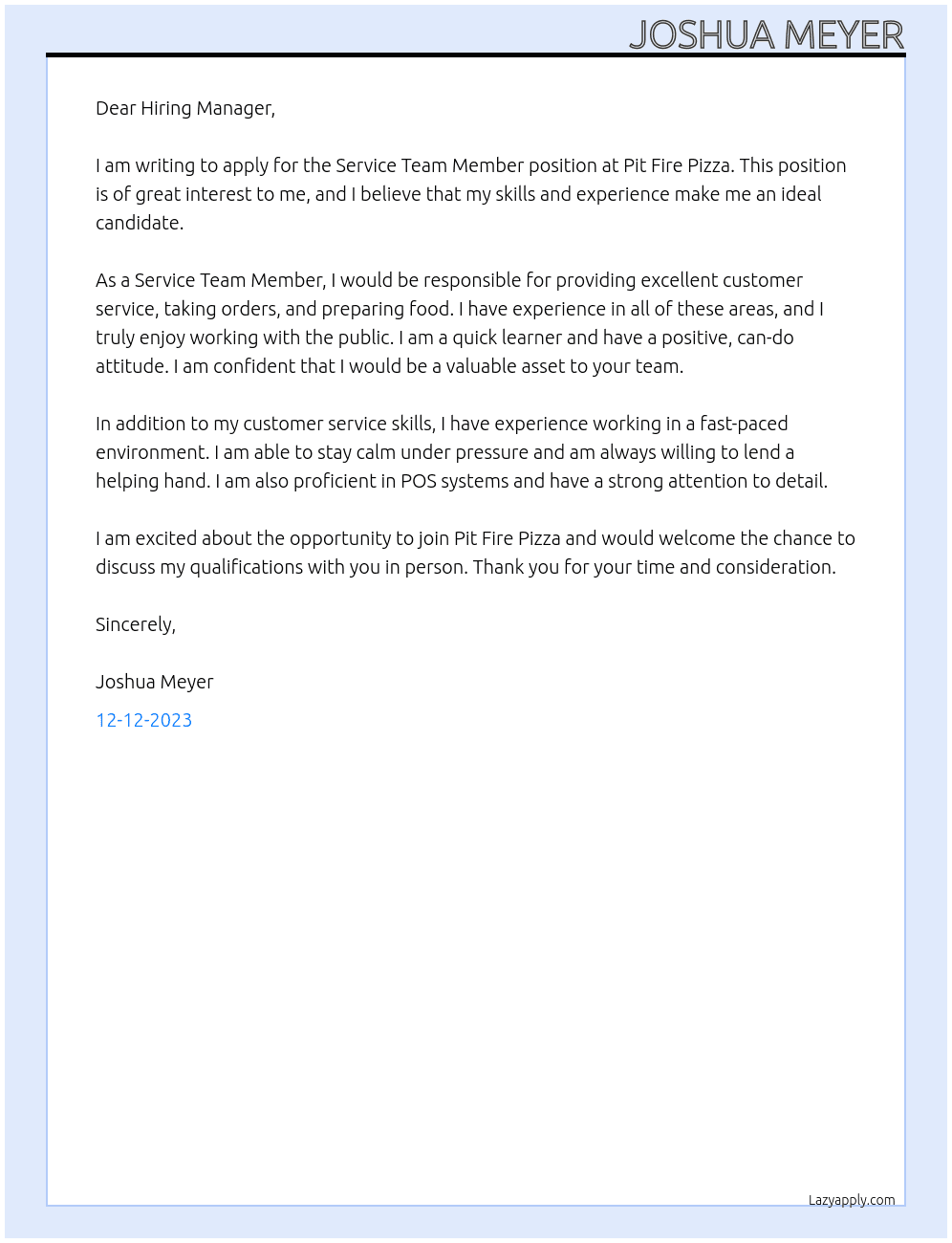 Service Team Member At Pit Fire Pizza Cover Letter