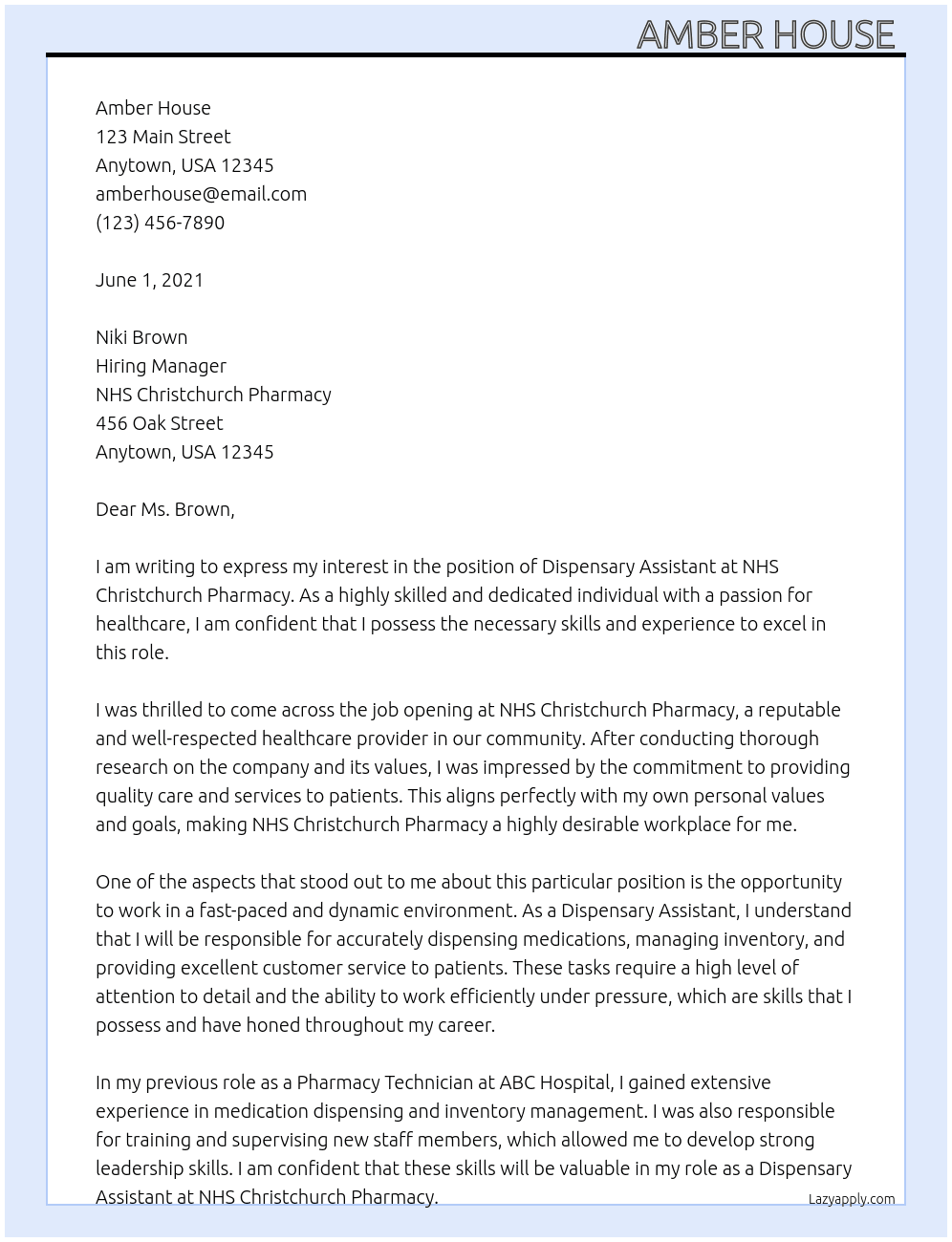 dispensery assistant  At NHS Christchurch Pharmacy  Cover Letter