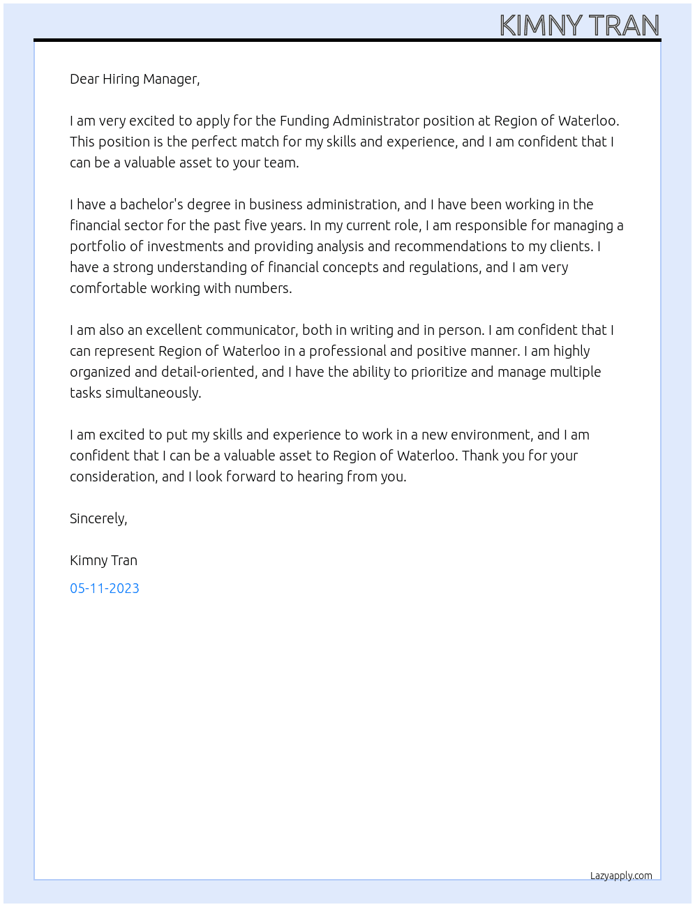 Funding Administrator At Region of Waterloo Cover Letter