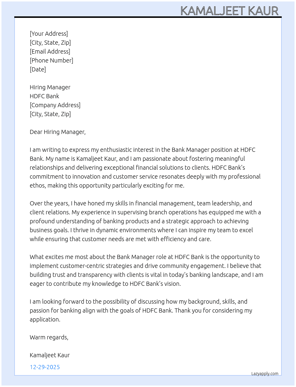 Bank At HDFC Bank Cover Letter
