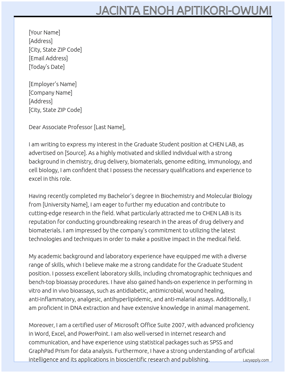 GRADUATE STUDENT At CHEN LAB Cover Letter