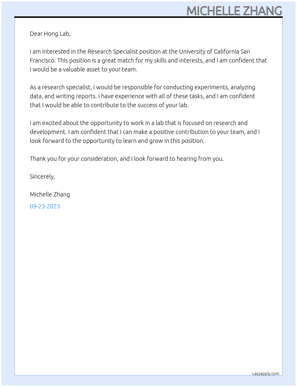 Hong Lab -  Research Specialist At University of California San Francisco Cover Letter