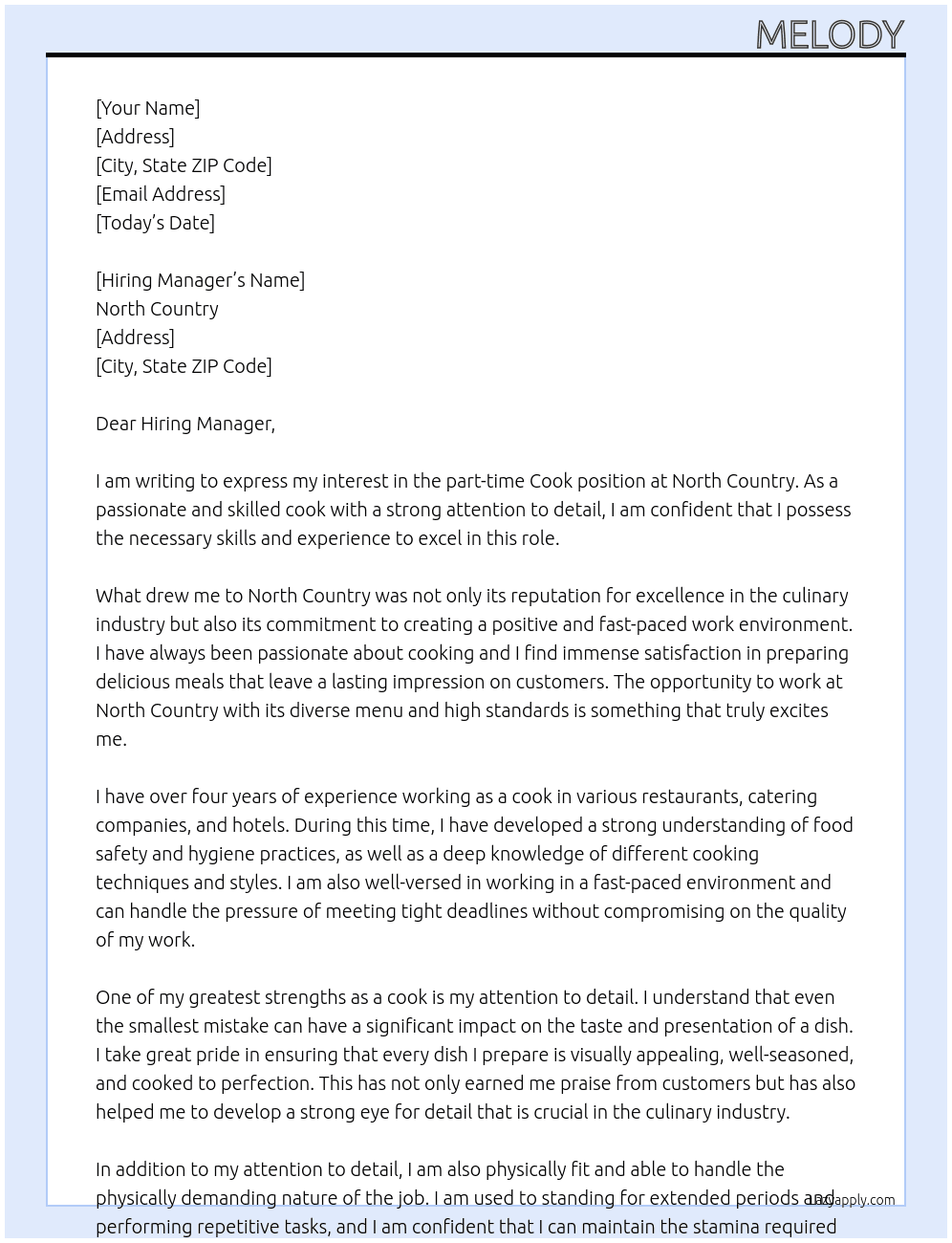 Cook At North Country Cover Letter