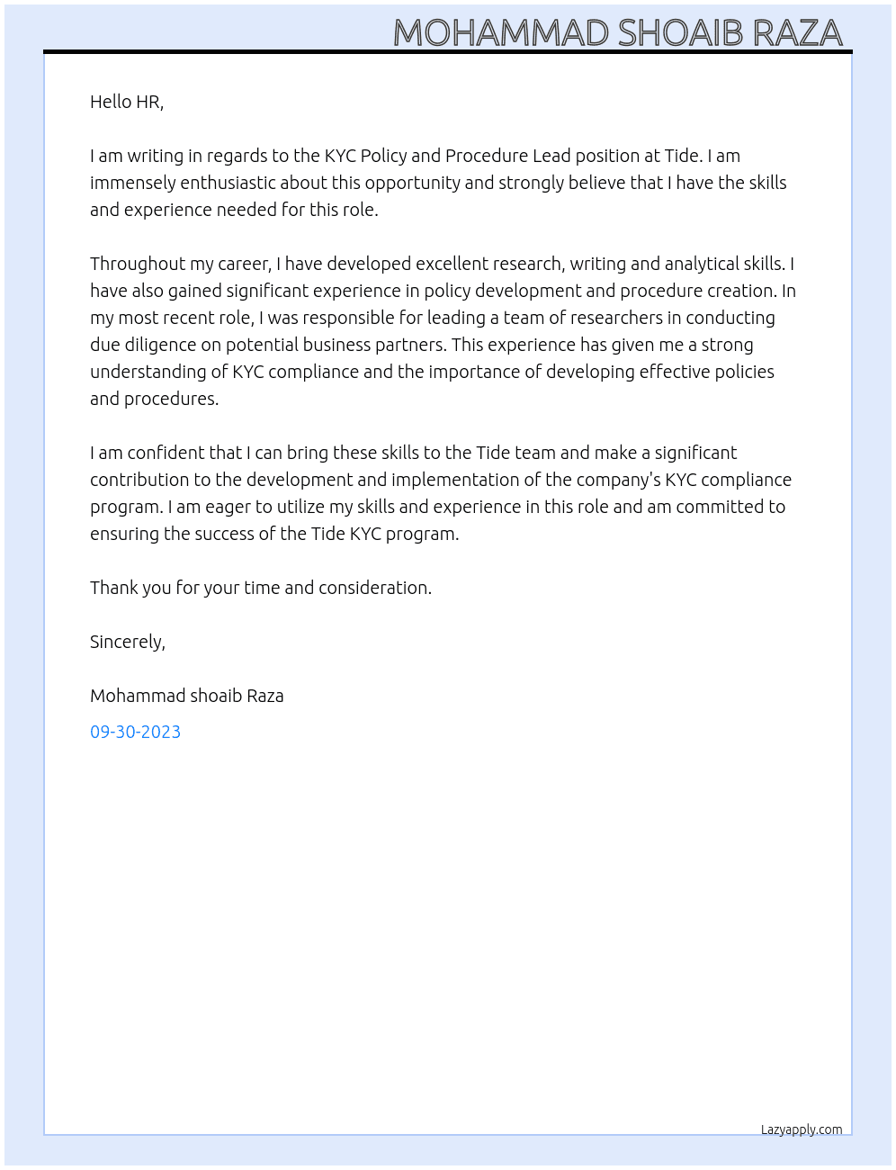 Cover letter for kyc policy and procedure lead - LazyApply