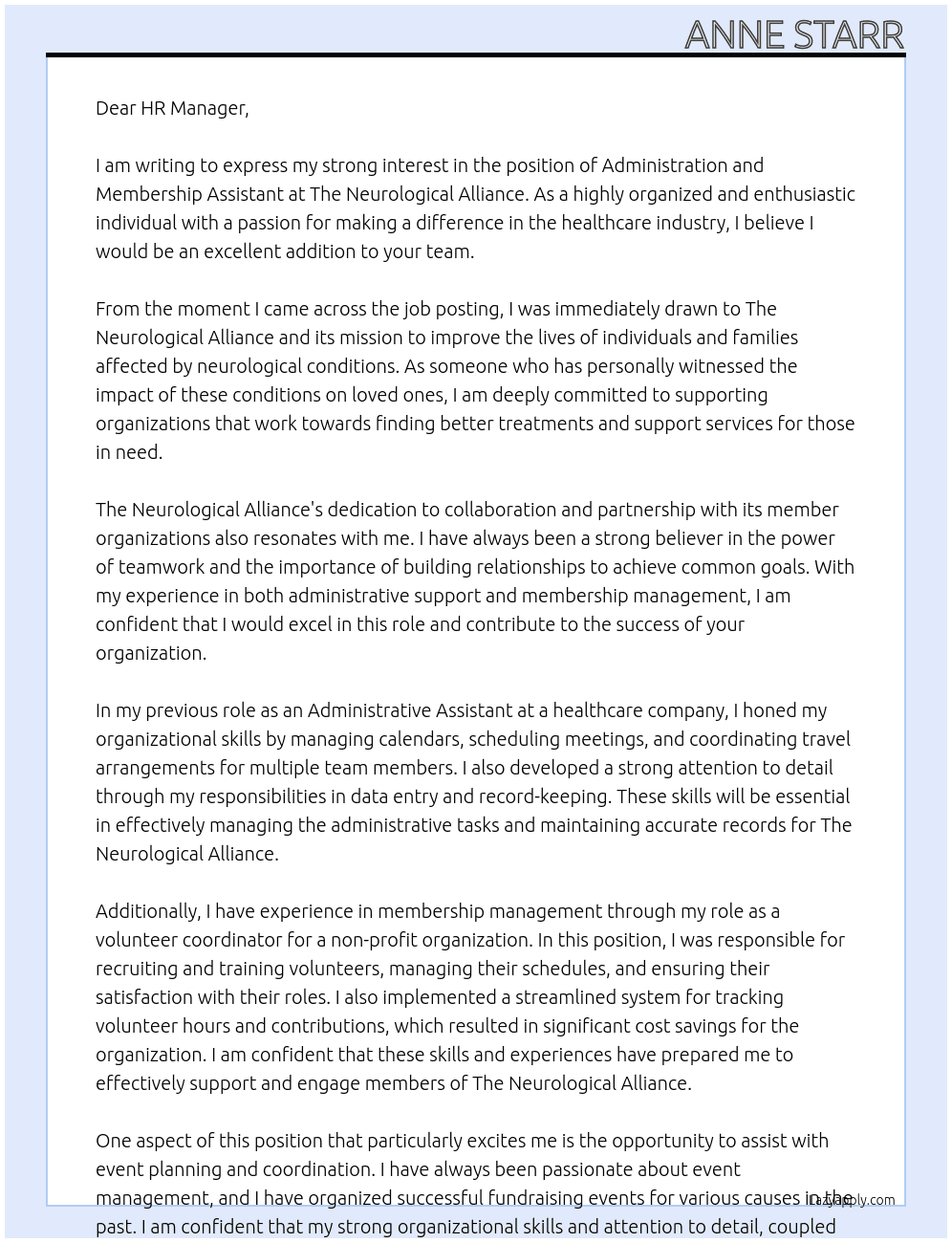 Administration and Membership Assistant  At The Neurological Alliance Cover Letter