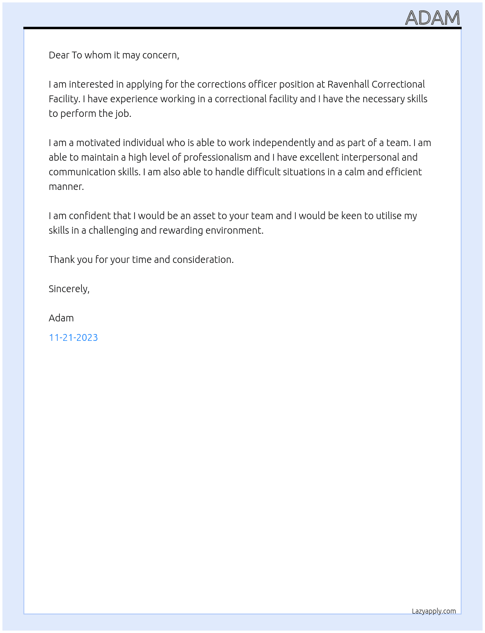 corrections officer At Ravenhall Correctional Facility Cover Letter