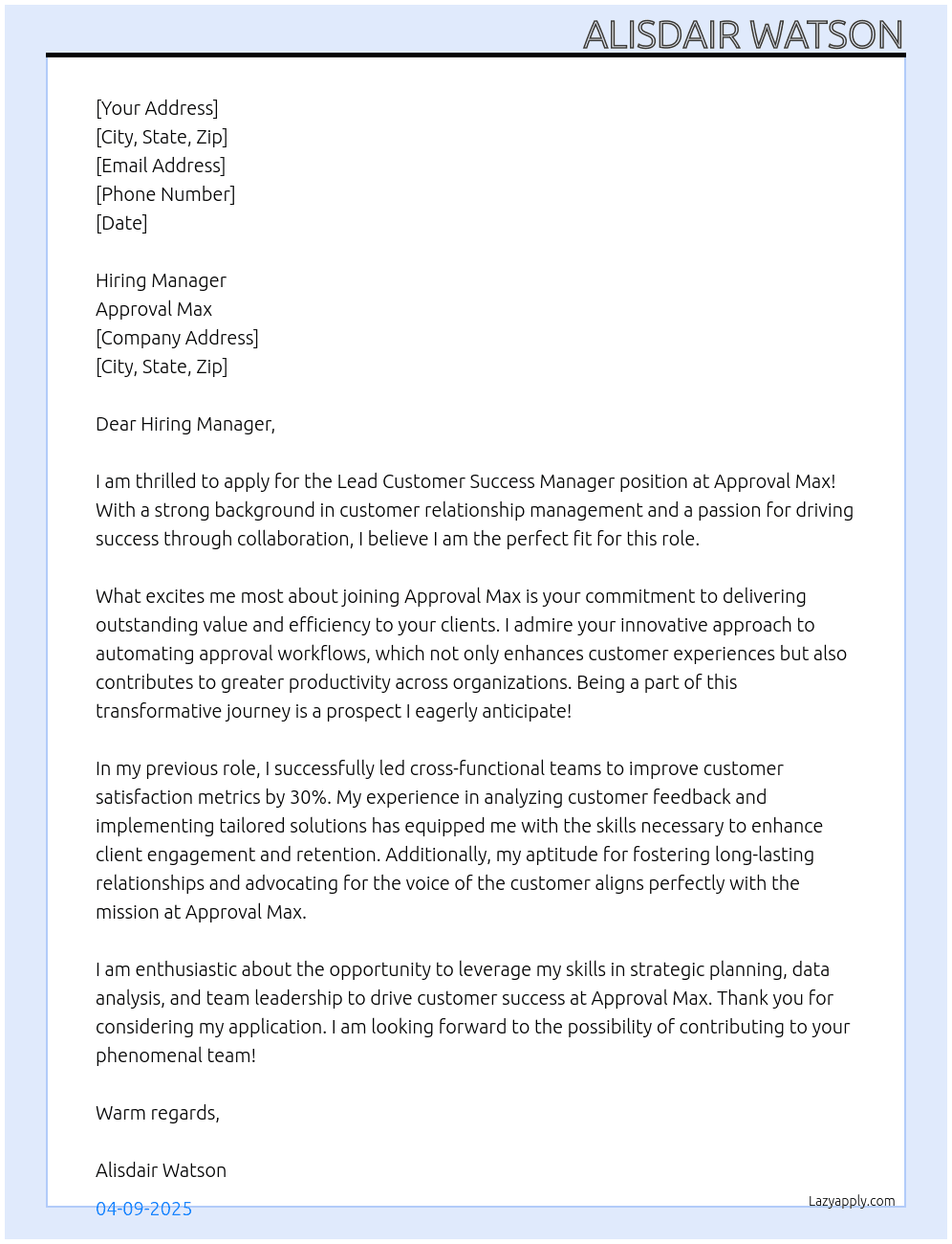 Lead Customer Success Manager At Approval Max Cover Letter