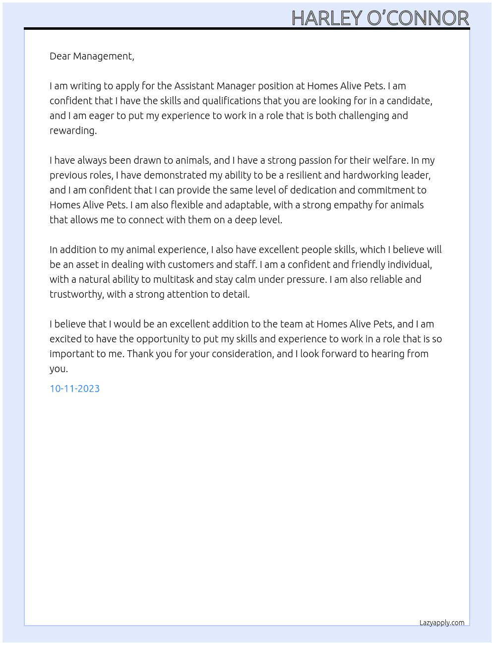 Assistant Manager At Homes Alive Pets Cover Letter