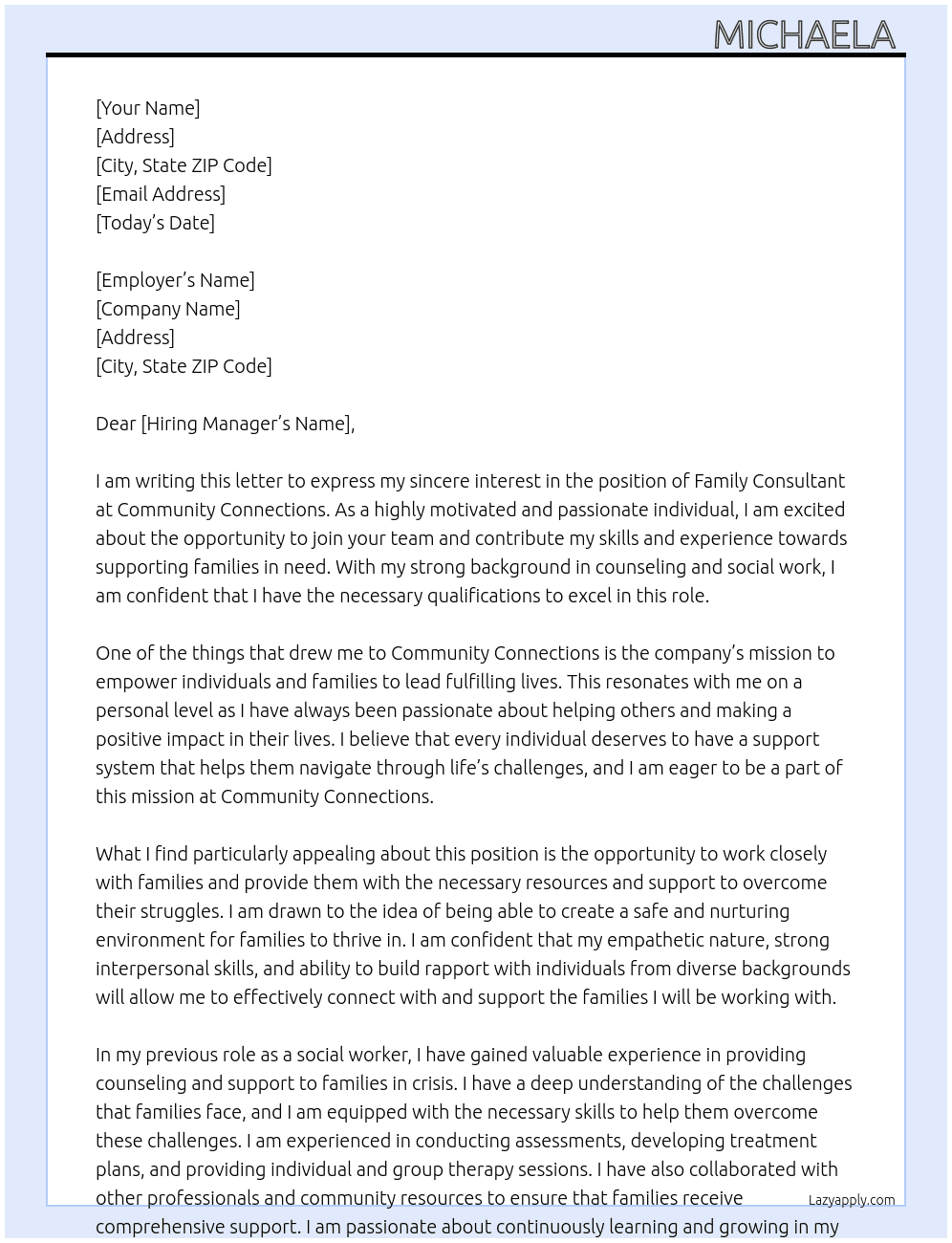 family consultant  At Community Connections  Cover Letter