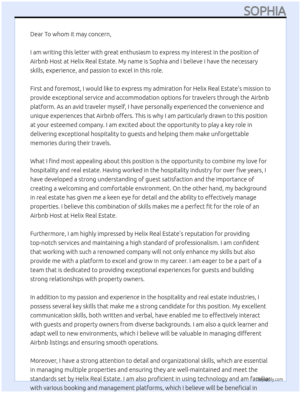 Airbnb Host  At Helix Real Estate Cover Letter