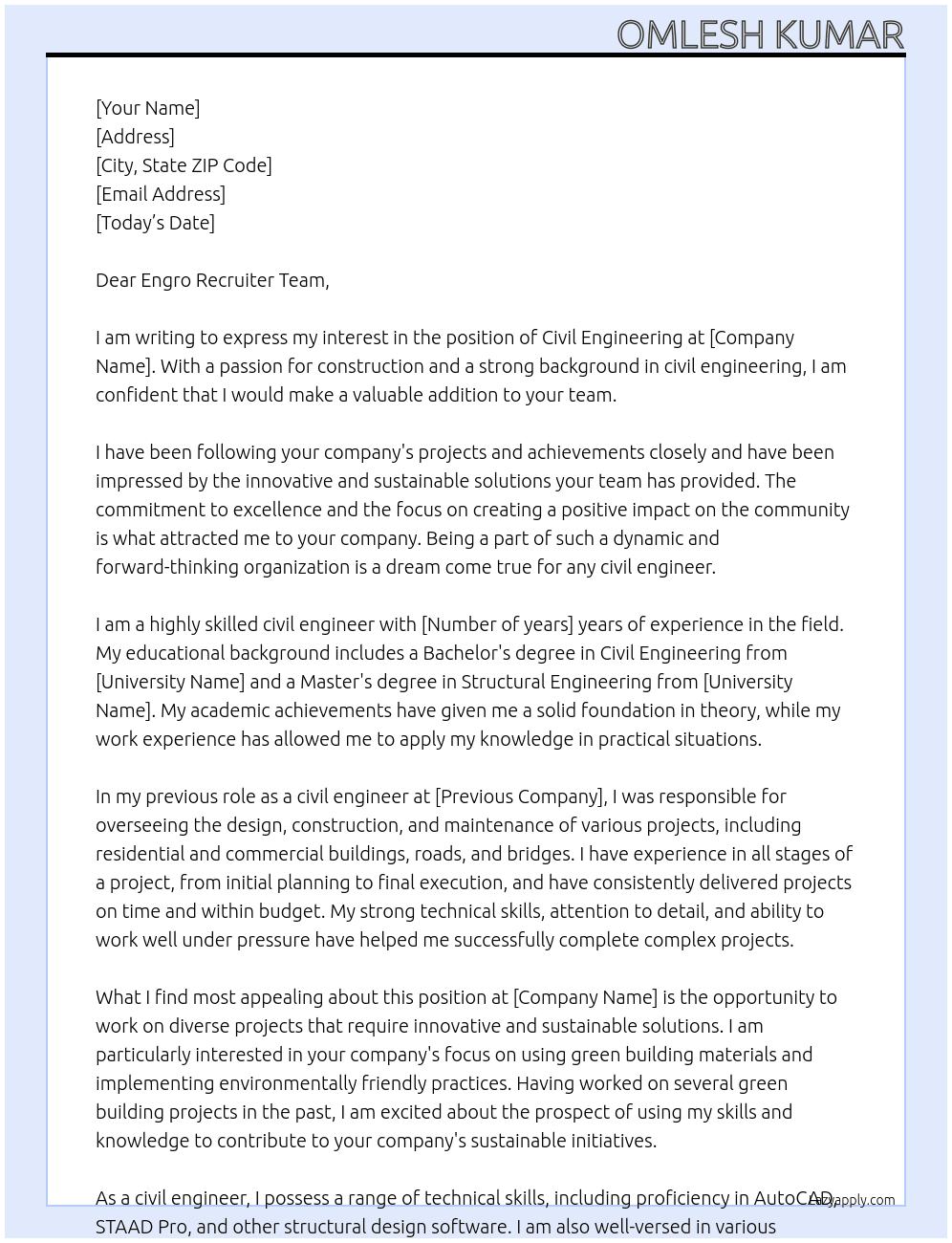 Civil Engineering  At Civil Engineering  Cover Letter