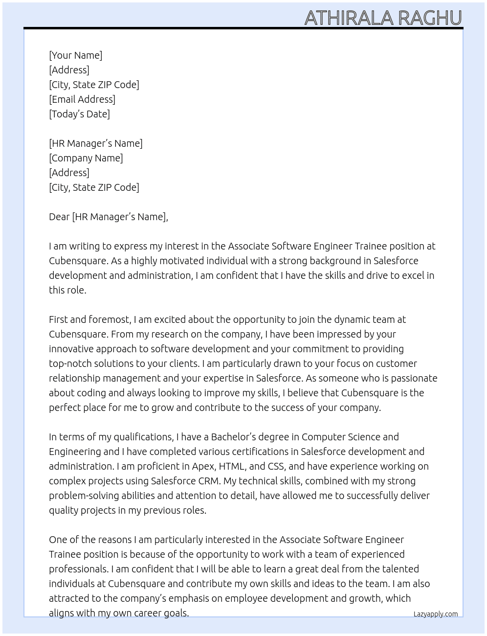 Associate software Engineer trainee  At Cubensquare  Cover Letter