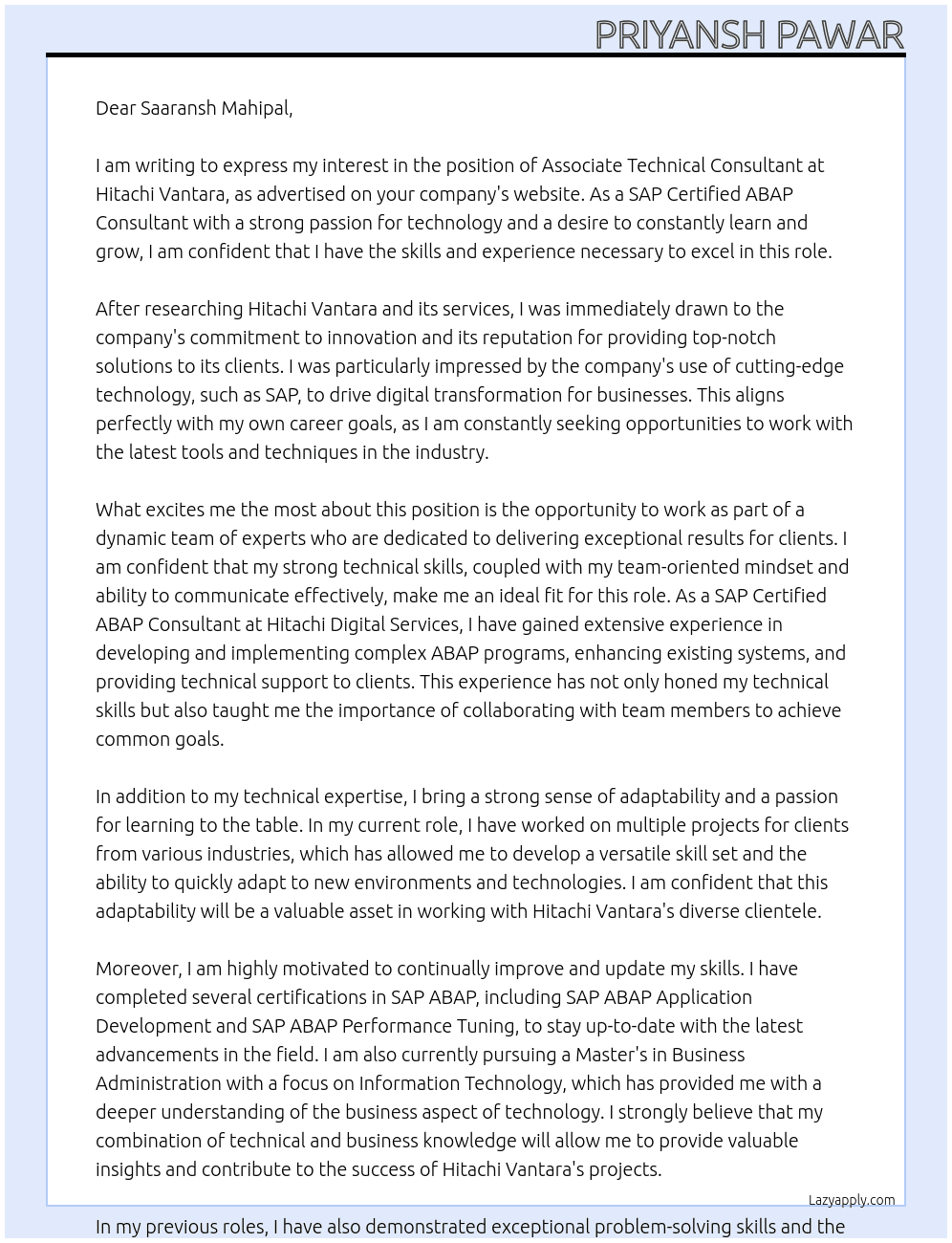 Associate Technical Consultant  At Hitachi Vantara Cover Letter
