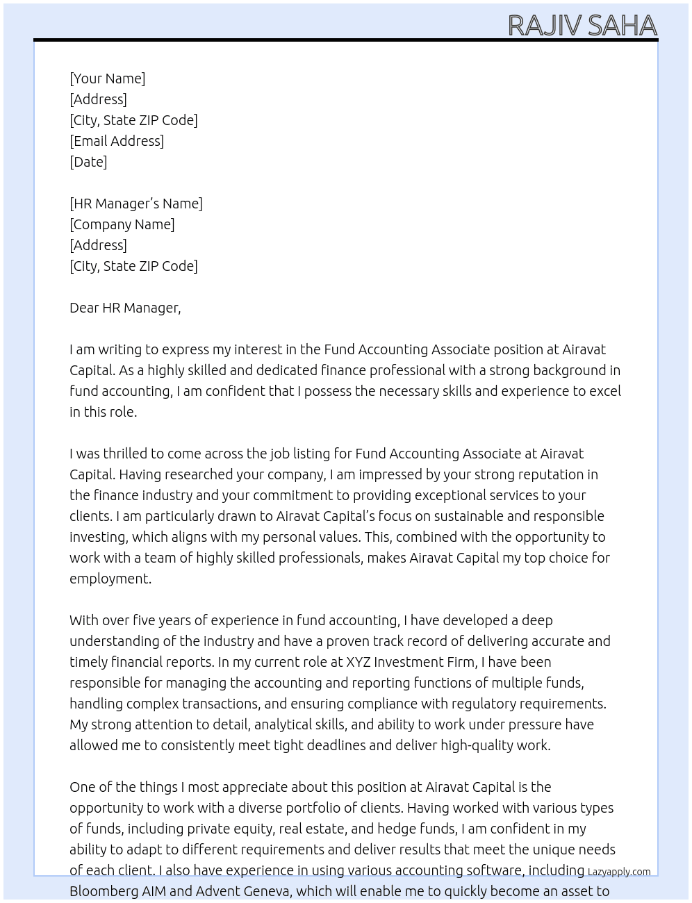 Fund Accounting Associate At Airavat Capital Cover Letter