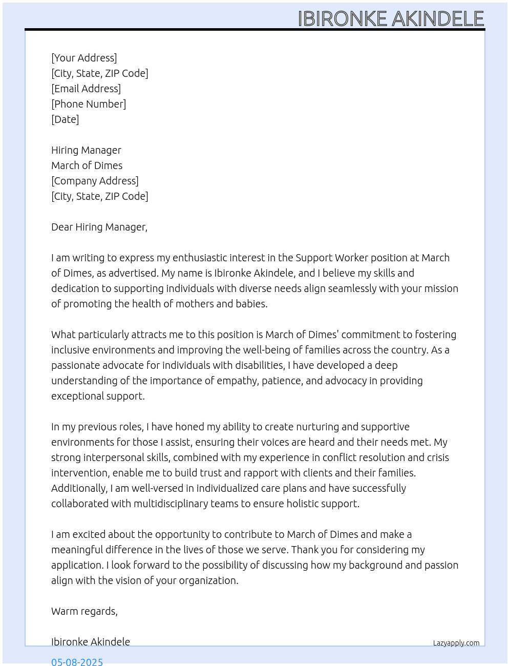 Support Worker At March of Dimes Cover Letter