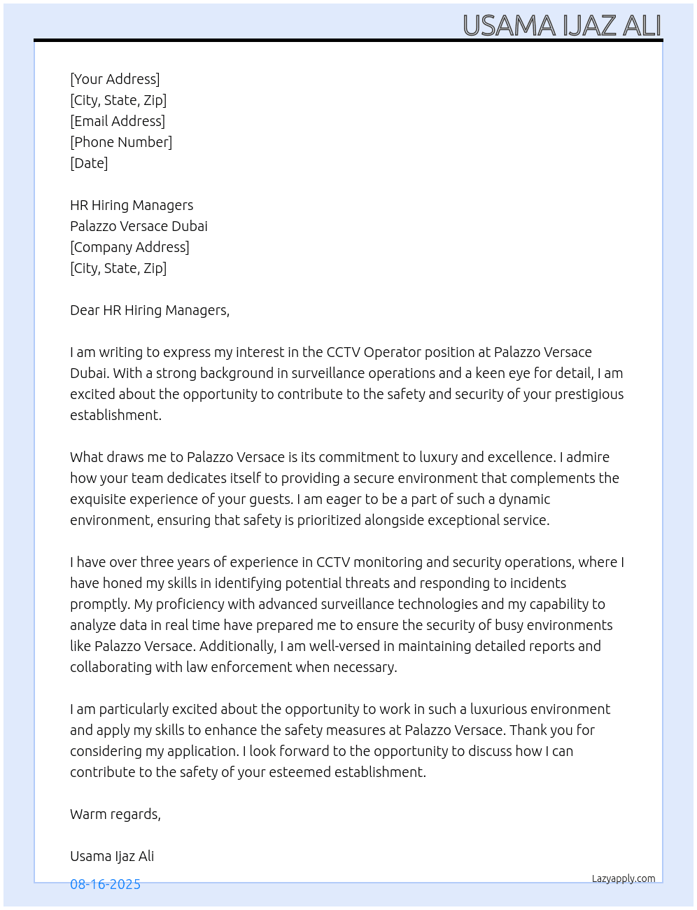 CCTV operator  At Palazzo Versace Dubai  Cover Letter