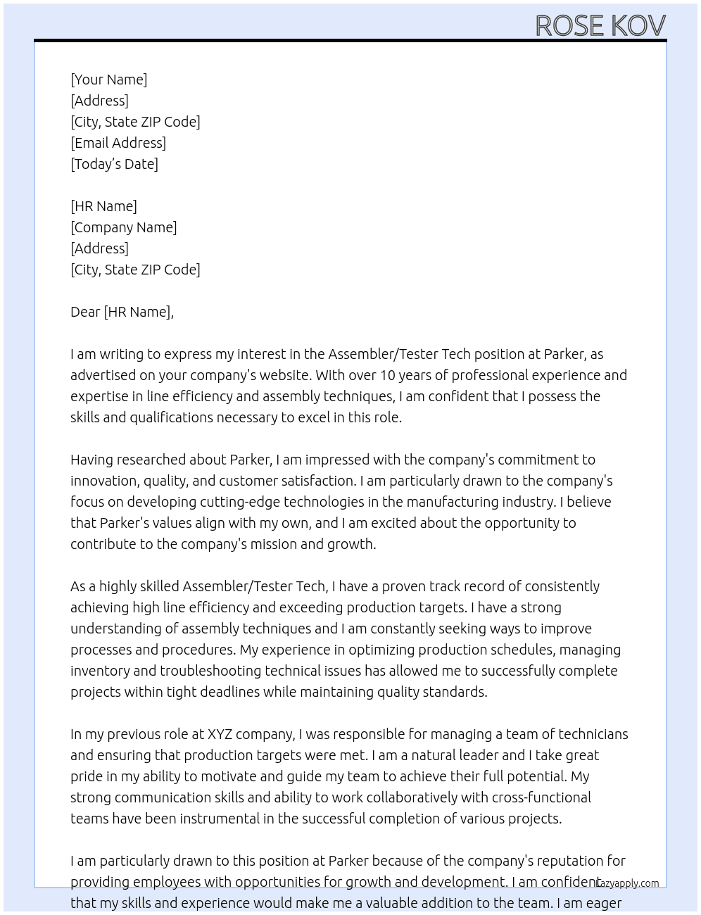 Assembler/Tester Tech At Parker Cover Letter