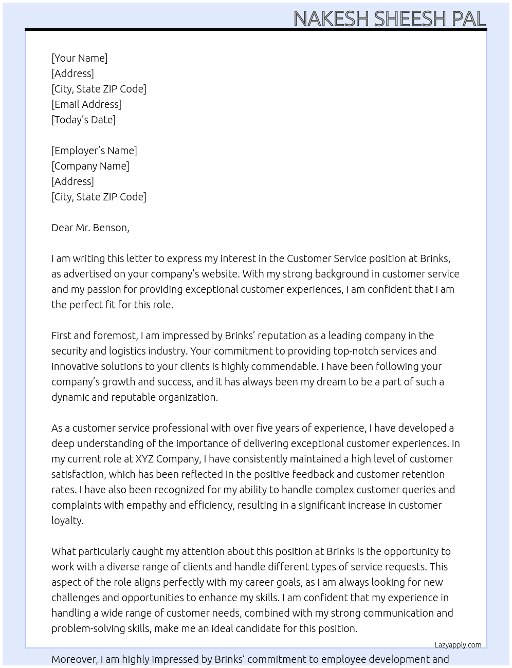 Customer Service At Brinks  Cover Letter