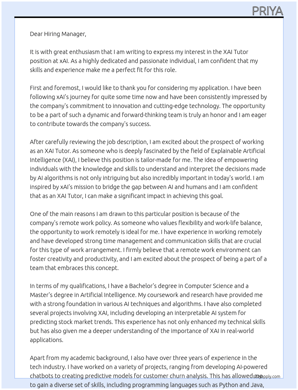 XAI Tutor At xAI Cover Letter