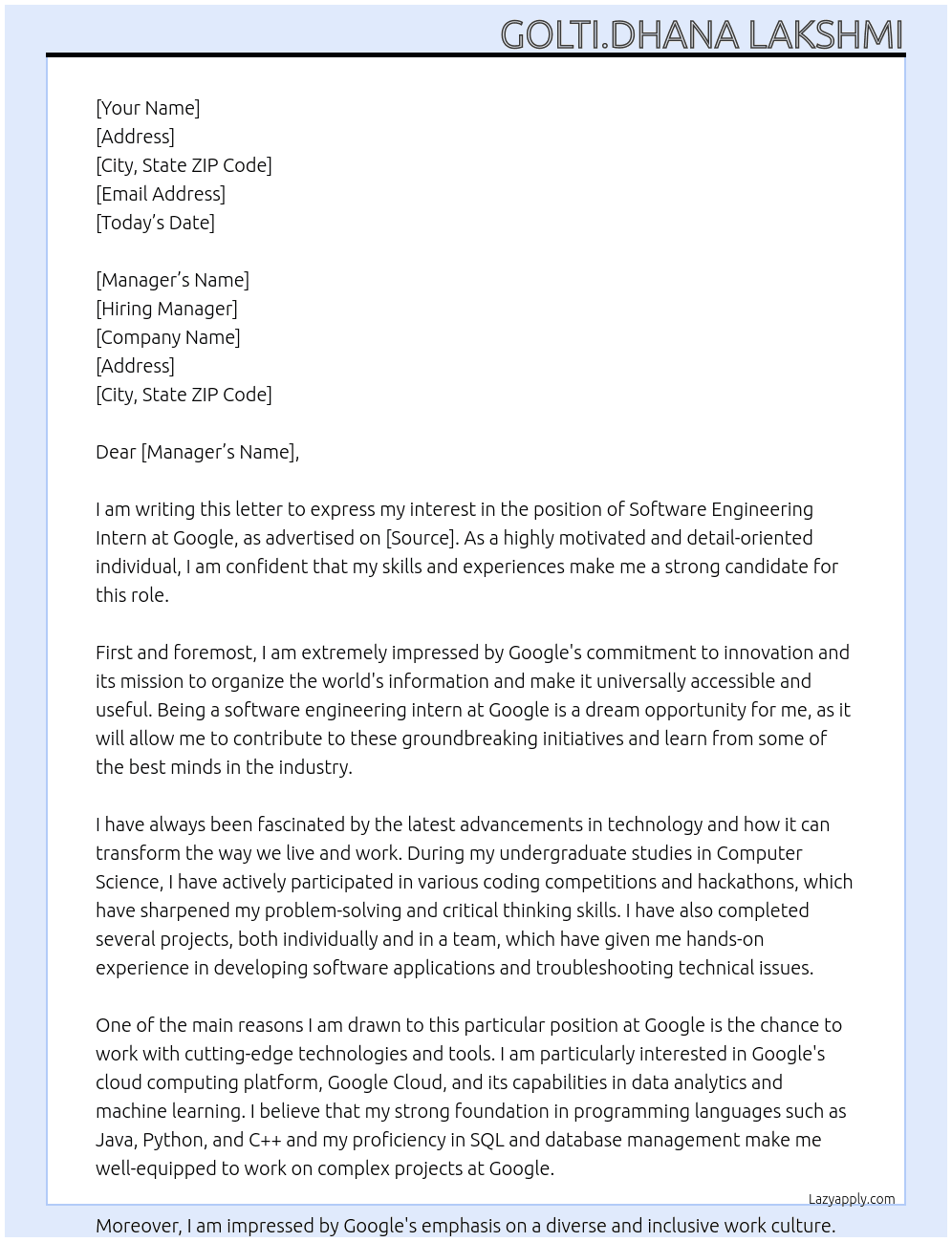 Software engineering intern At GOOGLE Cover Letter