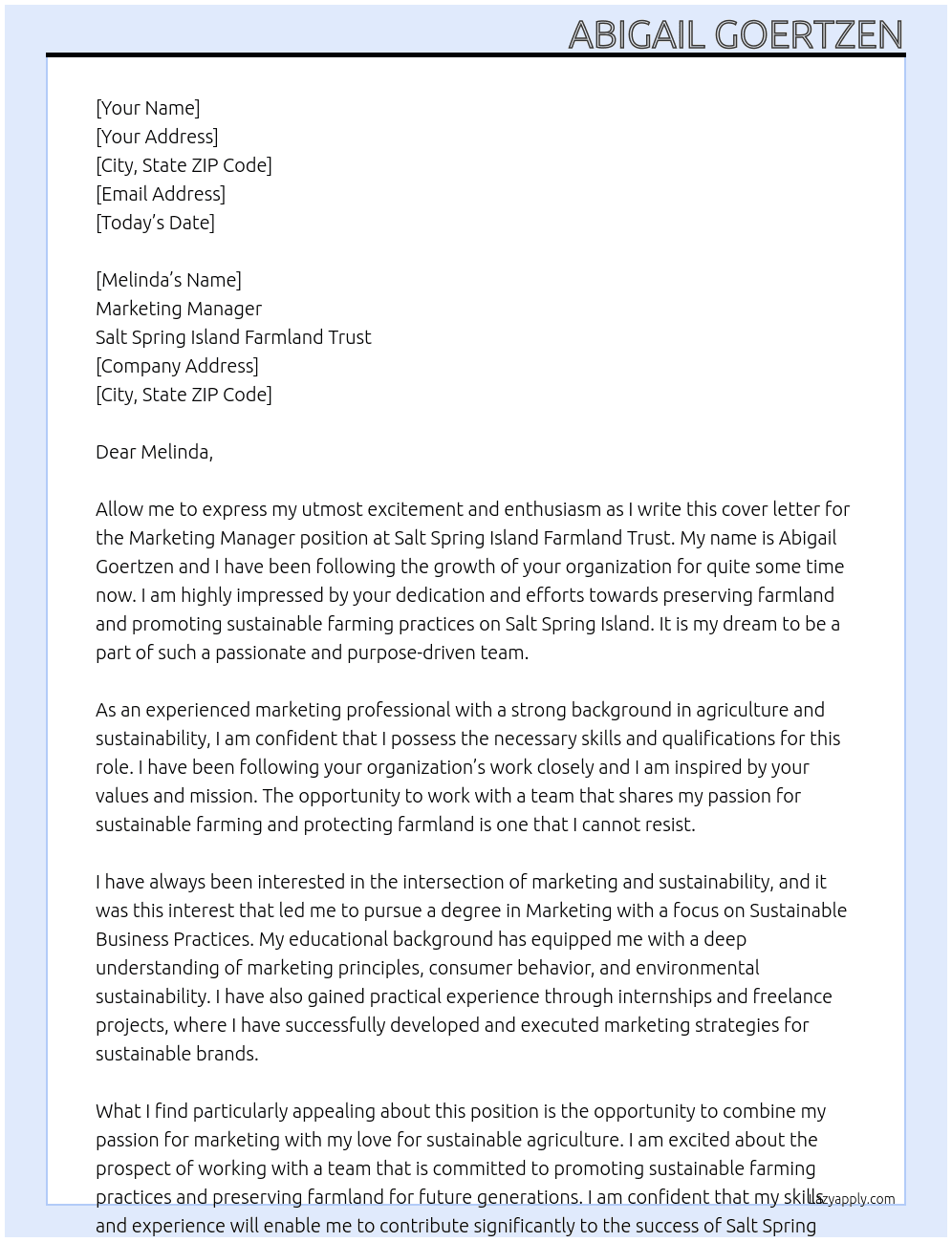 Marketing Manager At Salt Spring Island Farmland Trust Cover Letter