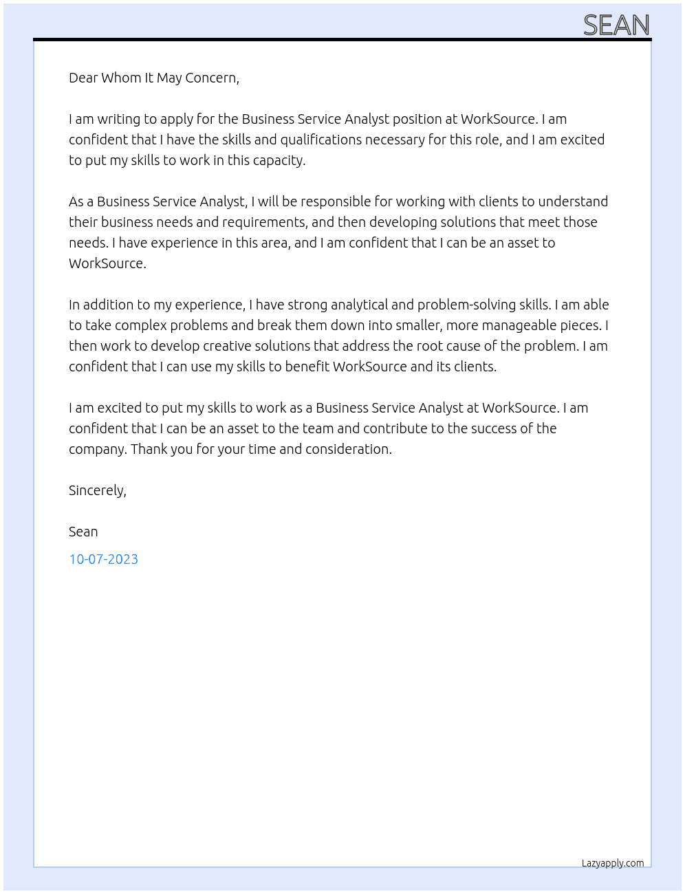 Business Service Analyst At WorkSource Cover Letter