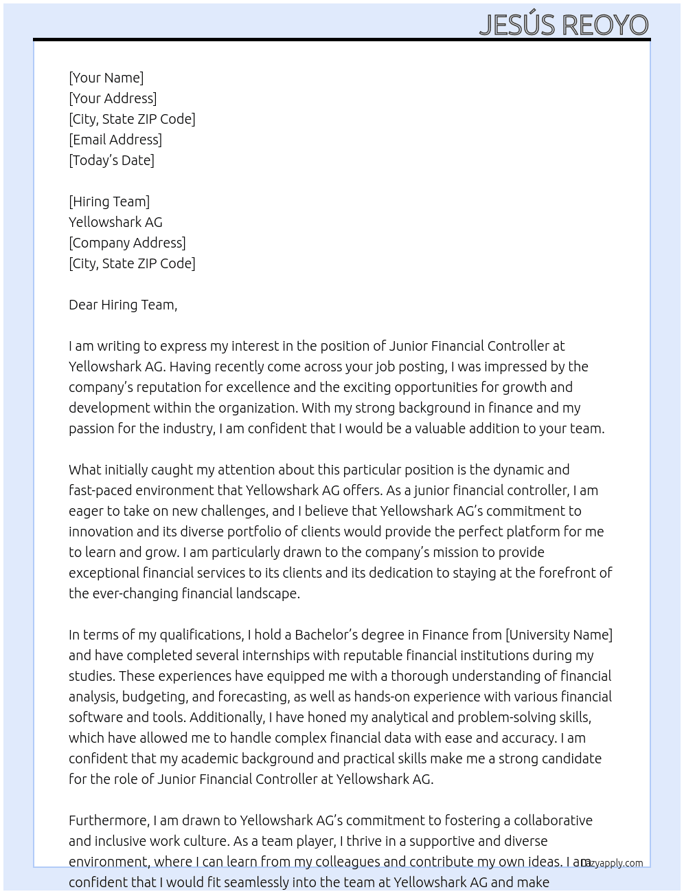 Junior Financial Controller At Yellowshark AG Cover Letter