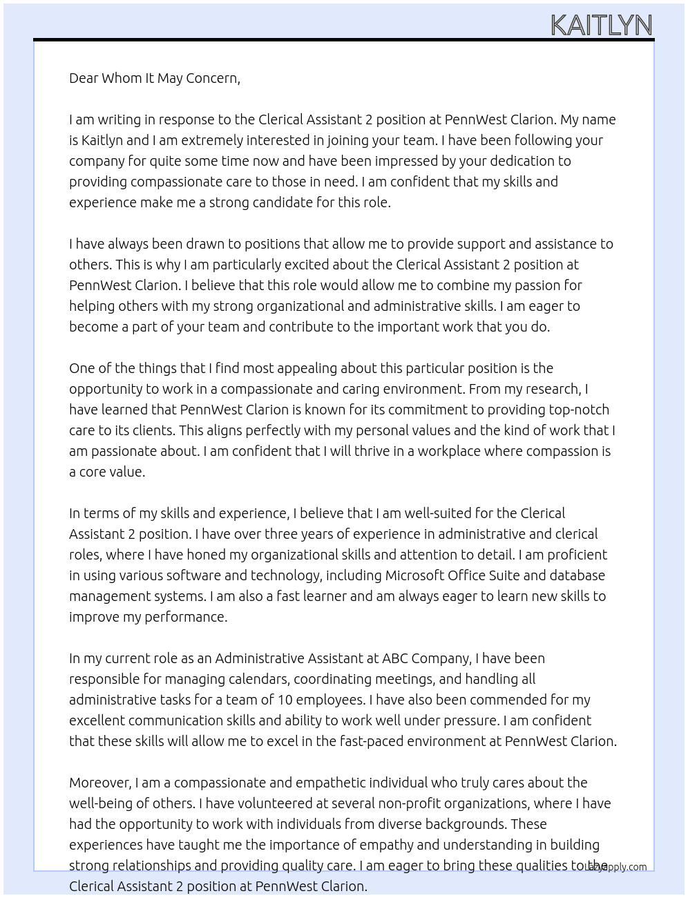 Clerical Assistant 2 At PennWest Clarion Cover Letter