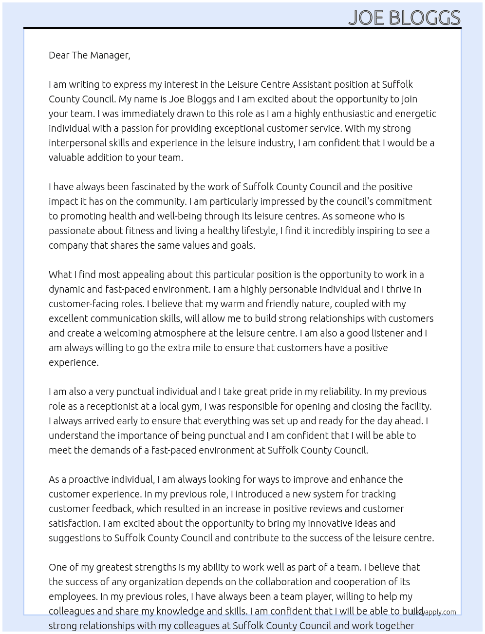 Leisure centre assistant  At Suffolk County council  Cover Letter