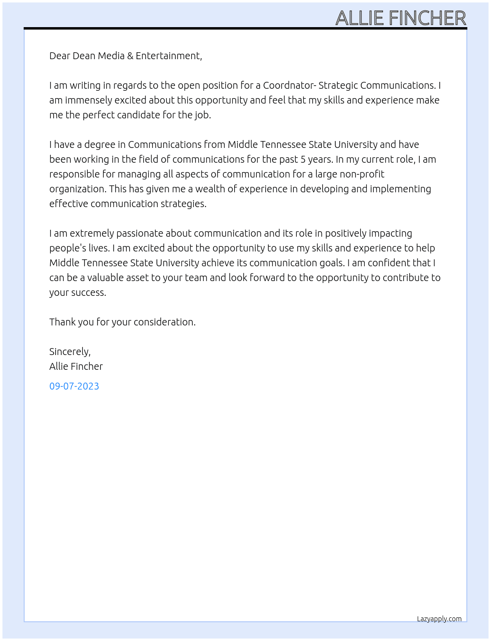 Coordnator- Strategic Communications  At Middle Tennessee State University Cover Letter