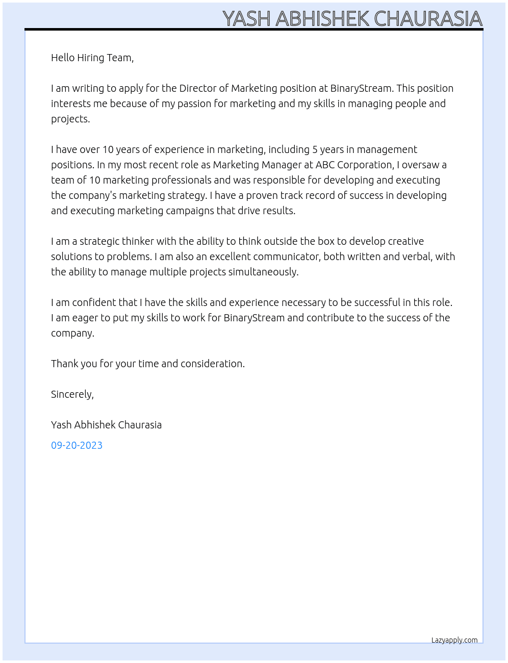Director of Marketing At BinaryStream Cover Letter