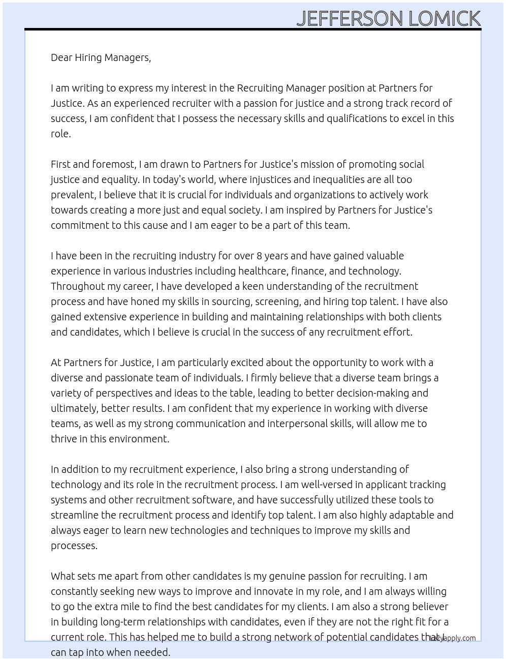Recruiting Manager At Partners for Justice  Cover Letter