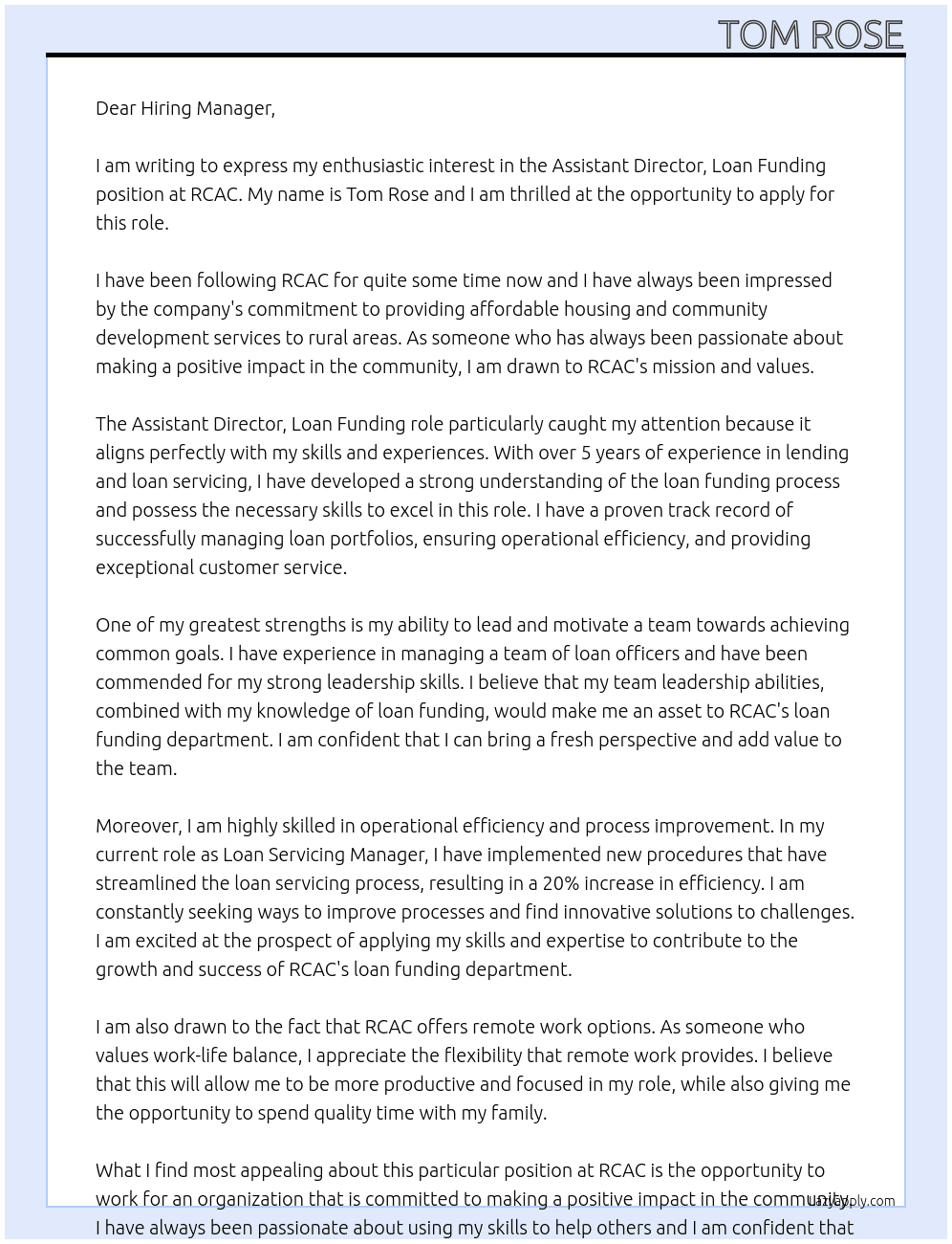 Assistant Director, Loan Funding At RCAC Cover Letter