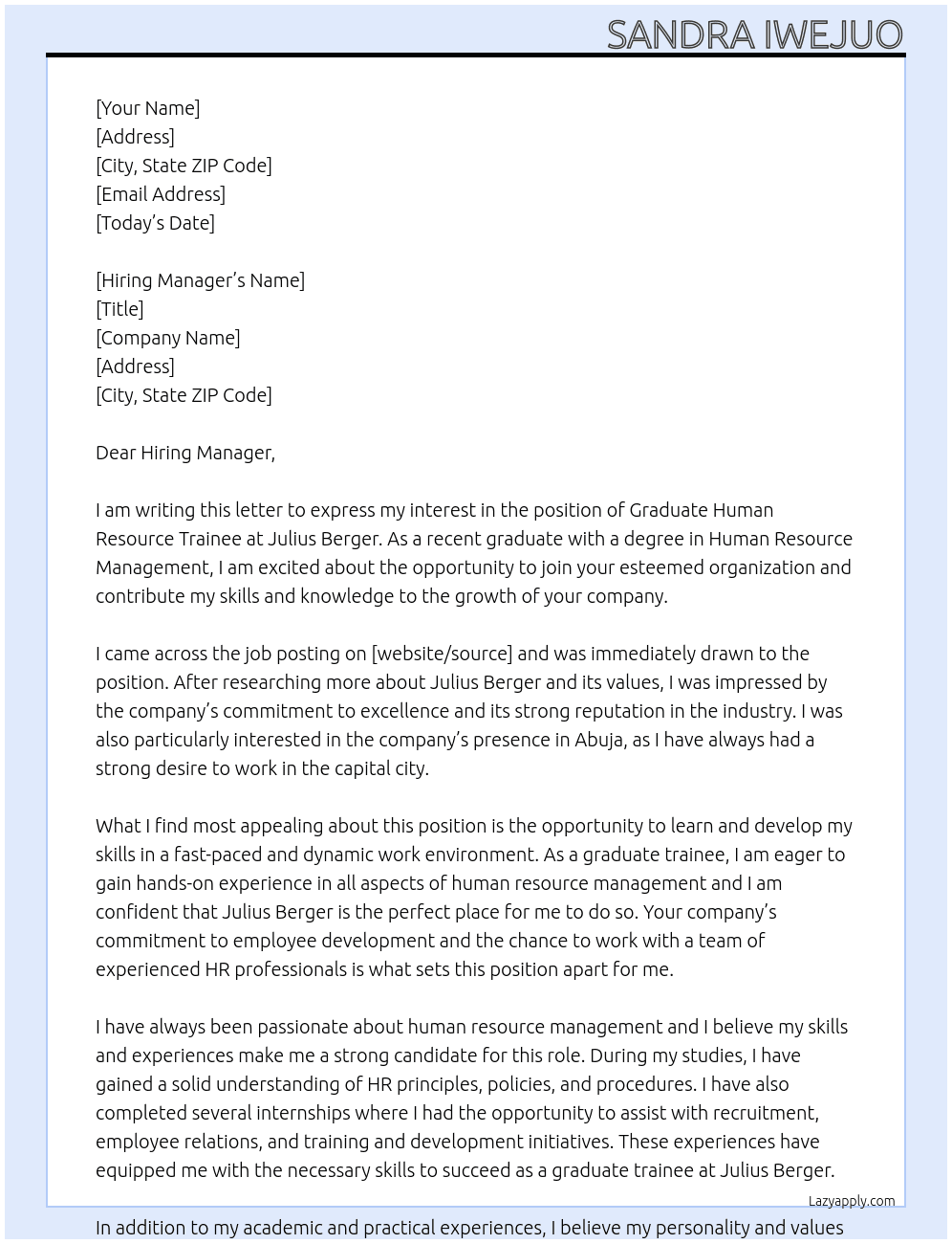 Graduate human resource trainee At Julius berger Cover Letter