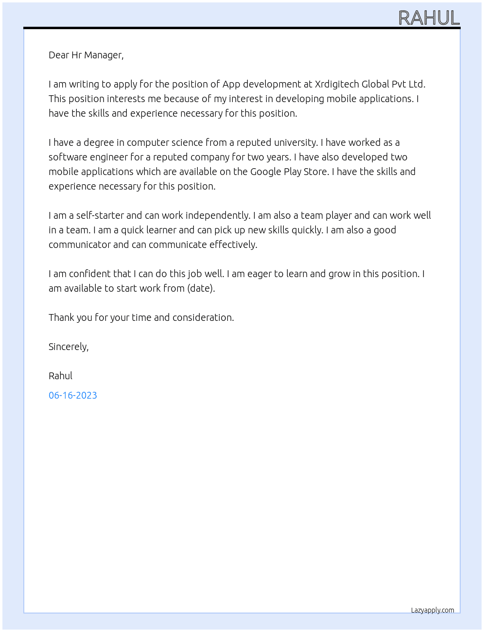 App development  At Xrdigitech Global Pvt Ltd Cover Letter
