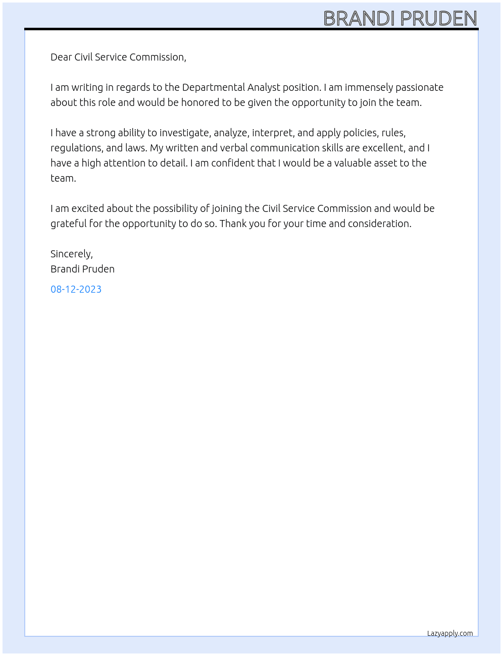 Departmental Analyst  At Civil Service Commission Cover Letter