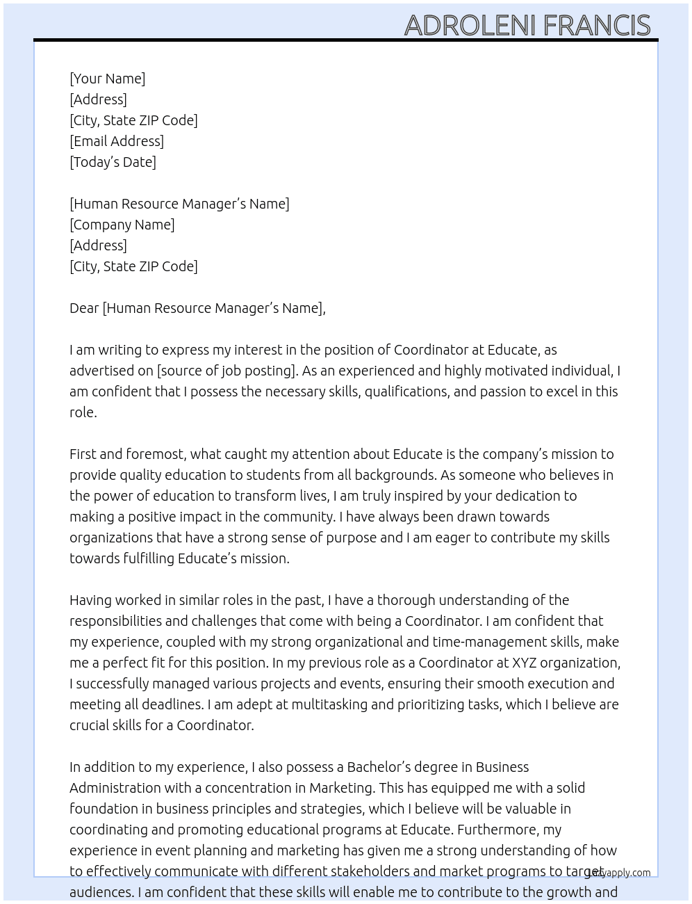 Coordinator  At Educate  Cover Letter