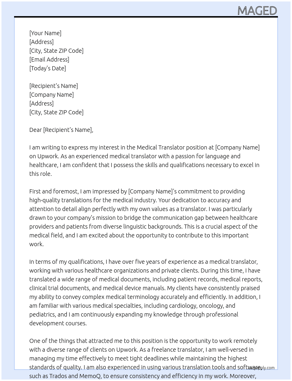 medical translator At upwork Cover Letter