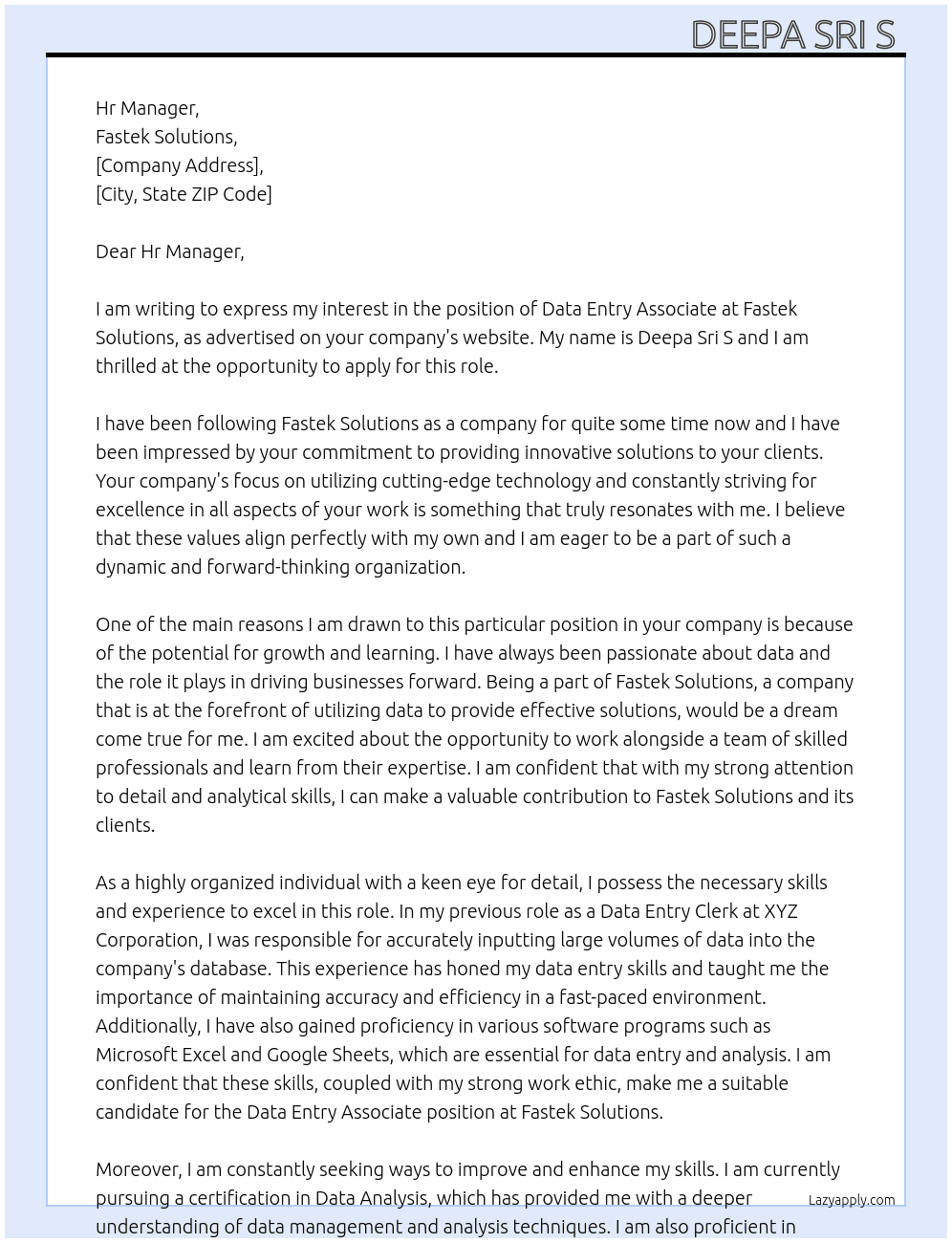 Data Entry Associate job At Fastek Solutions Cover Letter