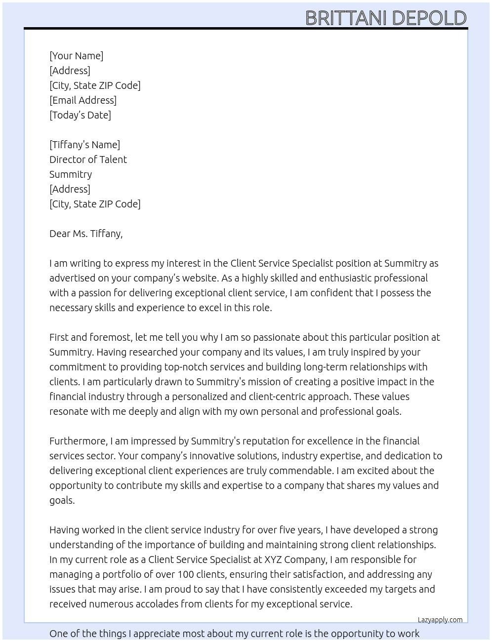 Client Service Specialist At Summitry Cover Letter