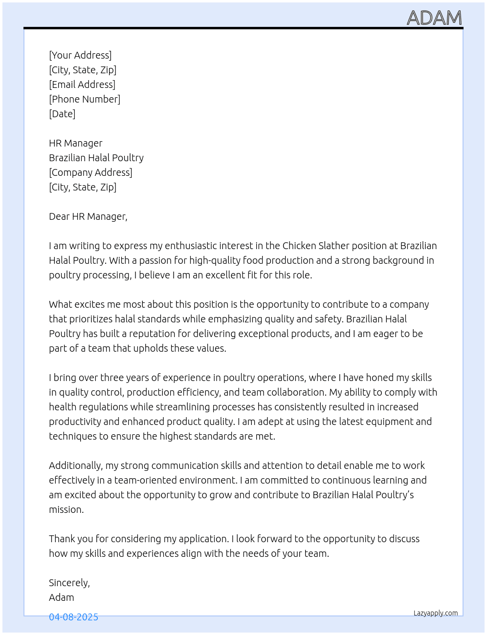 chicken slather  At Brazilian Halal Poultry Cover Letter