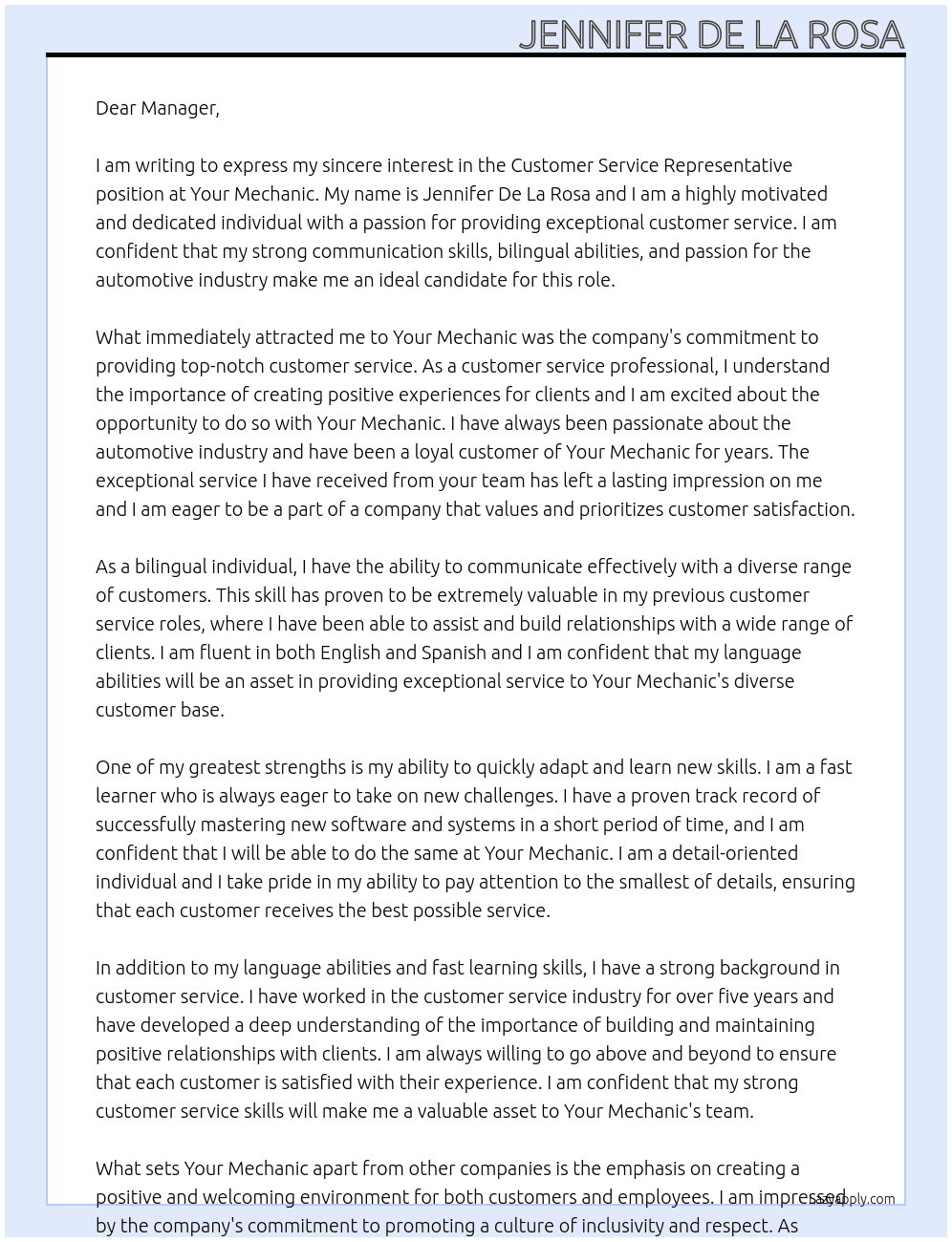 Customer Service Representative At your mechanic Cover Letter