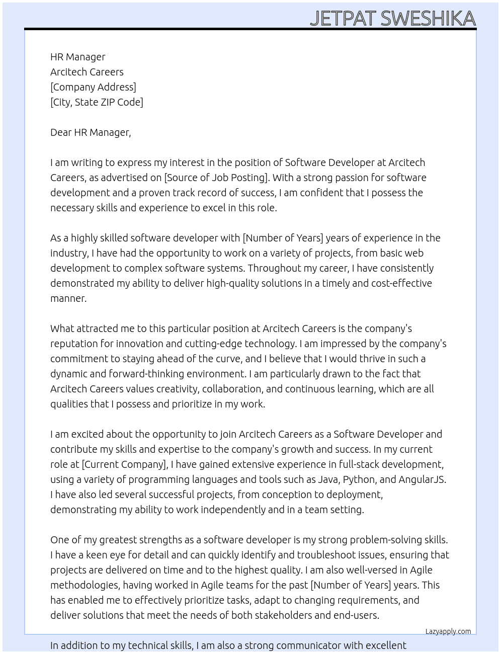 software developer At arcitech carrers Cover Letter