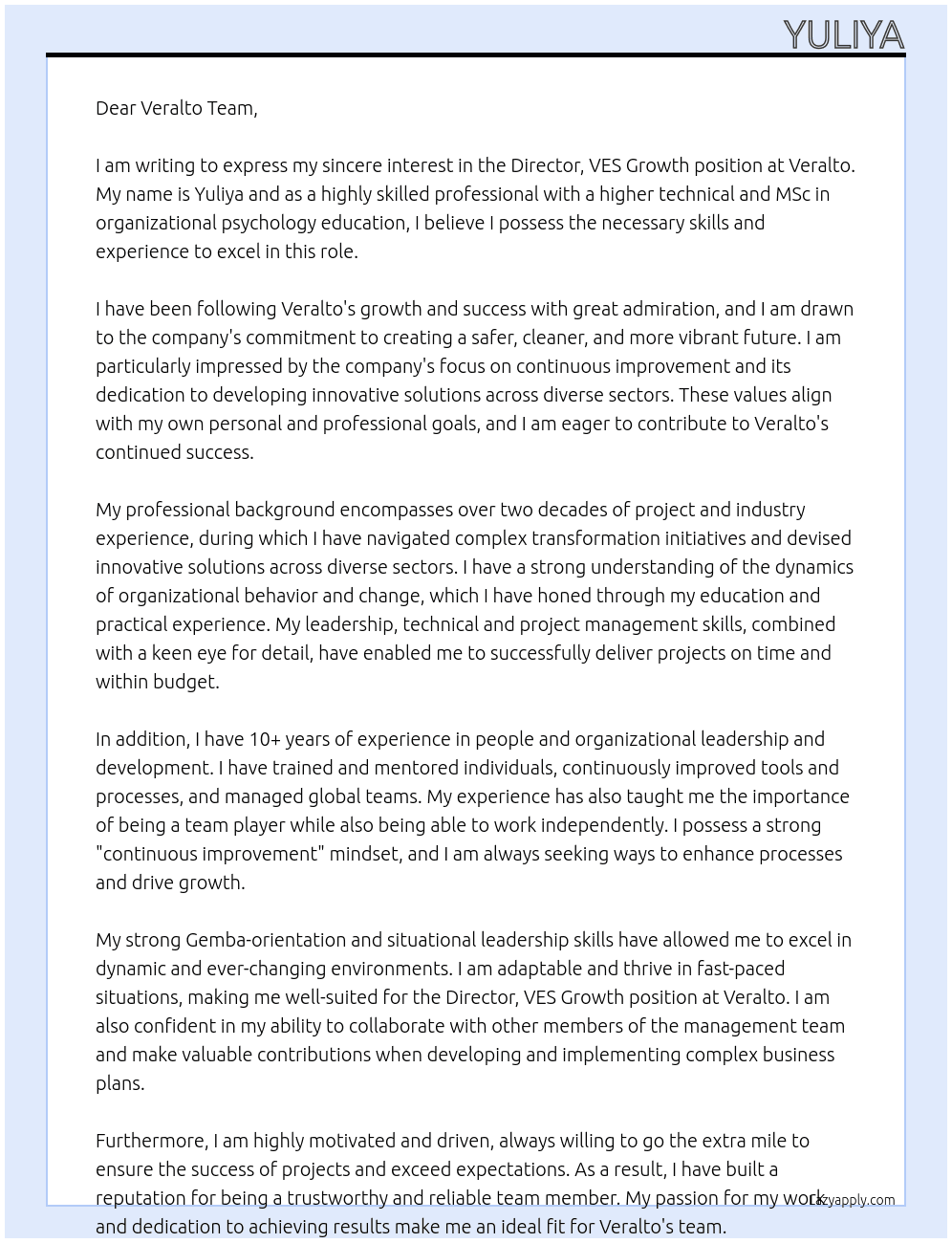Director, VES Growth At Veralto Cover Letter