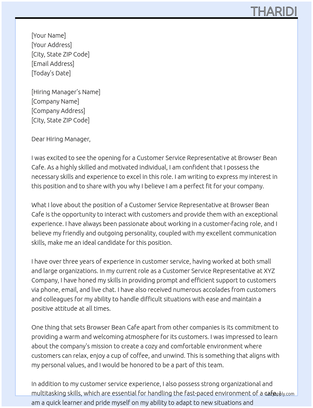 Costomer service representative  At Browser bean  cafe Cover Letter
