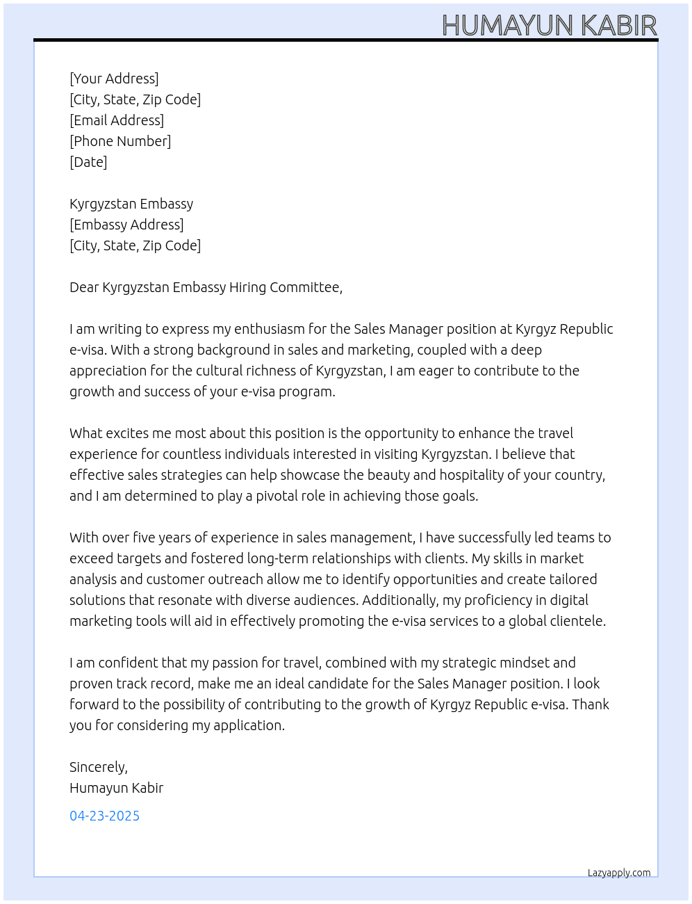 Sales Manager At KYRGYZ REPUBLIC e-visa  Cover Letter