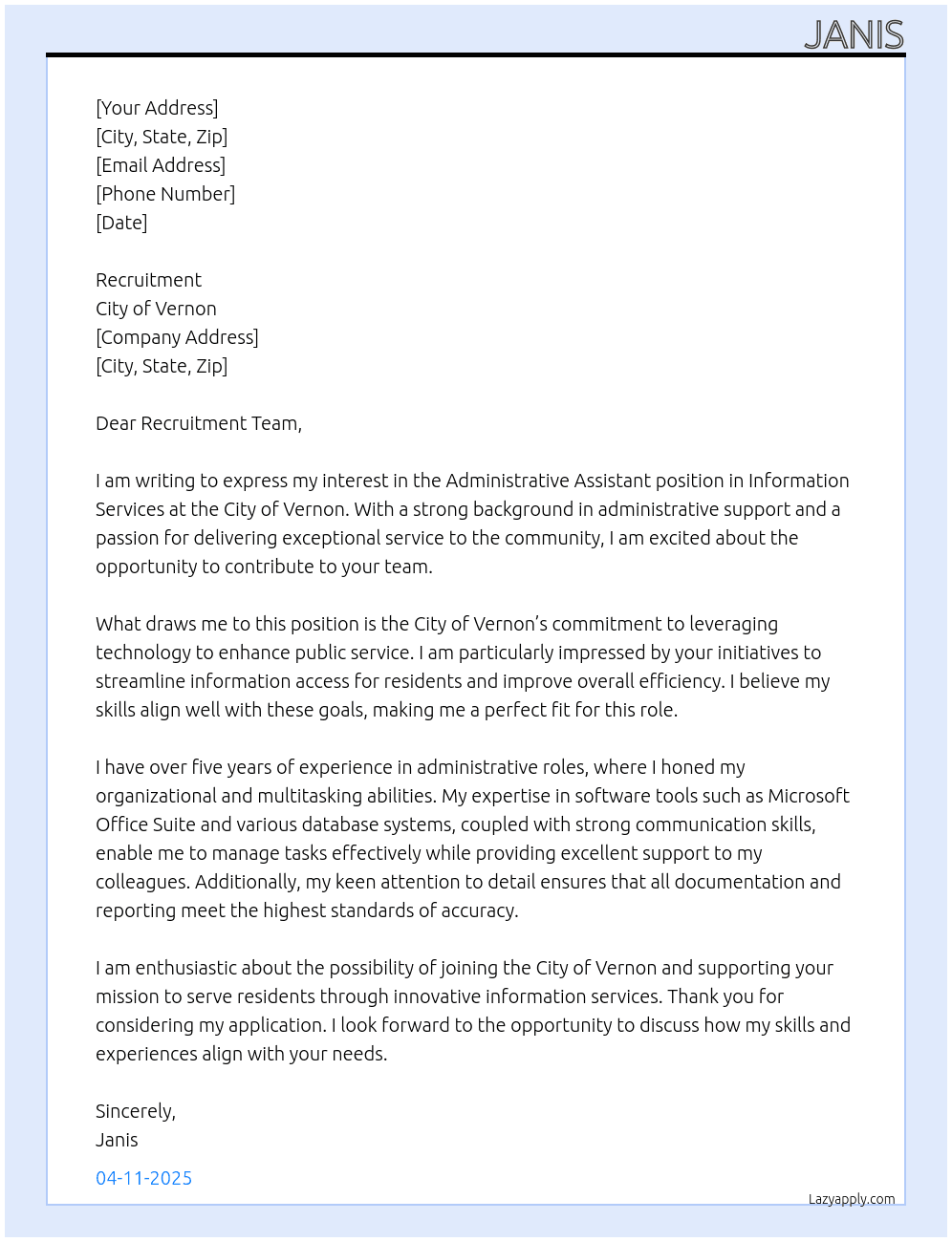 Administrative assistant Information Services At City of Vernon Cover Letter